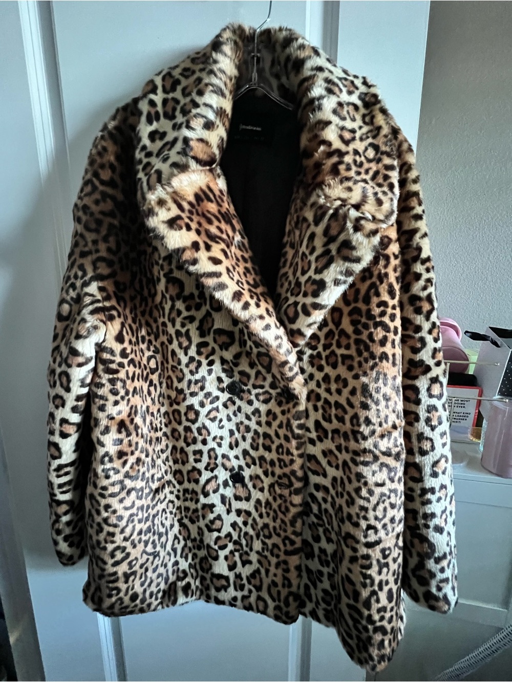 Stradivarius Leopard Print Teddy Coat in Tan, Black & Cream